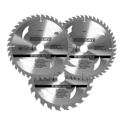 Imagen de Silverline Tools 408979 Discos de TCT para sierra circular 24, 40, 48 dientes, 3 pzas (205 x 30 anillos 25, 18 y 16 mm)