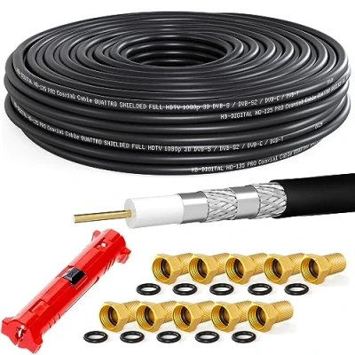 Imagen de HB DIGITAL 20m de cable coaxial SAT HQ 135dB PRO incl. pelacables + 10 clavijas F doradas antena satelital 4 veces apantallado para sistemas radio DVB S/S2 C/C2 T/T2 DAB+ BK