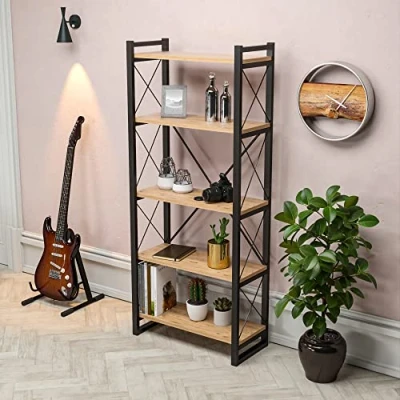 Imagen de [en.casa] Librería de 5 Niveles Estantería Pie Abierta Biblioteca para Salón Oficina Aglomerado/Metal 180 x 65 30 cm Efecto Madera y Negro
