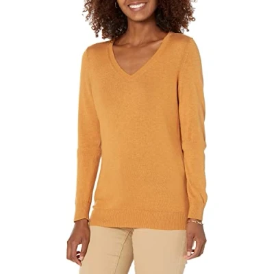 Imagen de Amazon Essentials Jersey de Cuello en V, Manga Larga, Ligero y Ajuste Clásico (Disponible Tallas Grandes) Mujer, Mostaza Mezcla, L