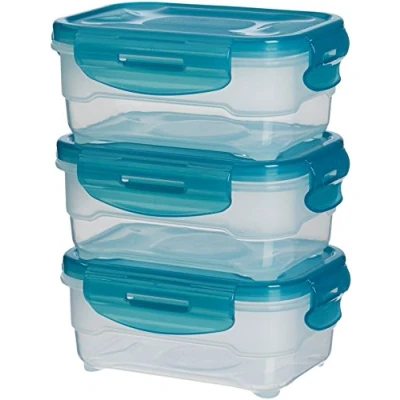 Imagen de Amazon Basics Contenedores herméticos sellados con Tapa de plástico sin BPE, apilables y Aptos para frigorífico/congelador, microondas lavavajillas. Conjunto 3 Piezas 0.6 l, Azul Claro