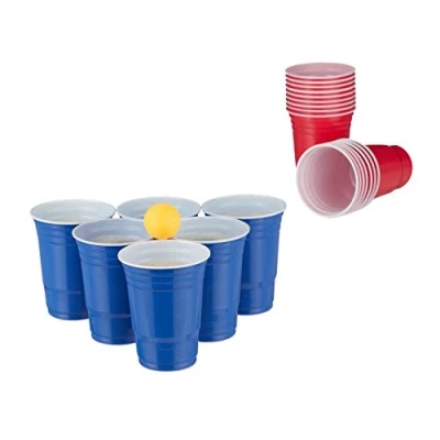 Imagen de Relaxdays Set Vasos Beerpong, Pack Beer Pong con 6 Bolas, 50 Recipientes Cerveza, Juego Beber, Fiesta, 473 ml, Rojo/Azul, Color (10032656)