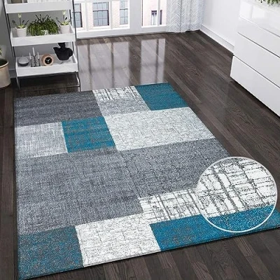 Imagen de VIMODA Alfombra de diseño Pelo Corto con Aspecto baldosas en Turquesa, Gris y Blanco, fácil cuidar, Maße:80x150 cm