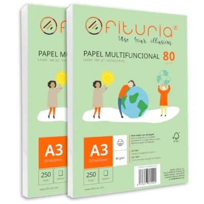 Imagen de Paquete de folios A3 80gr con 500 Hojas Blancas, Papel Multifuncional para Uso Escolar y Entornos Laborales. Ideal impresoras láser, inyección o fotocopiadoras Ofituria