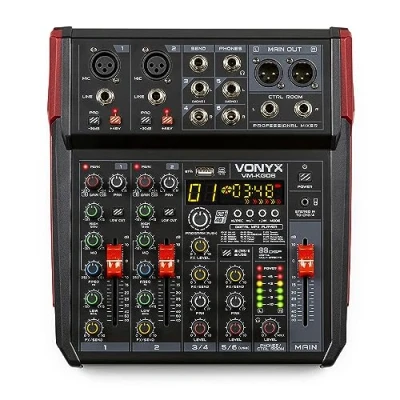 Imagen de Vonyx VM KG06 Mezclador analógico de audio 6 canales con Bluetooth para grupos música, 2 entradas XLR micrófono +48v, linea jack, Procesados efectos DSP, USB/MP3