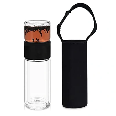 Imagen de Navaris Botella de Cristal para té Vidrio borosilicato 240 ML infusiones con Filtro Acero Inoxidable Tapa y Funda Negra
