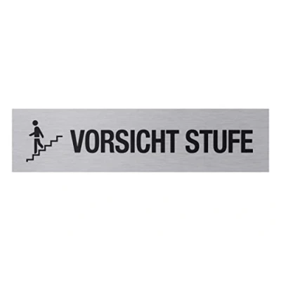 Imagen de Metafranc Cartel adhesivo &quot;Vorsicht Stufe&quot; 160 x 40 mm de aluminio en moderno aspecto acero inoxidable Parte trasera autoadhesiva/señalización/cartel informativo/advertencia / 507620