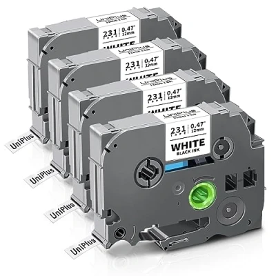 Imagen de UniPlus Cinta de Etiquetas Compatible para Brother Tze 231 Tze231 12mm Casetes Laminada PT 1000 P700 1280 GL H100 H105, x 8m, Negro sobre Blanco, 4 Pack