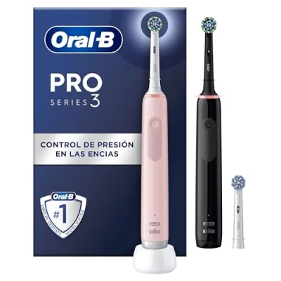 Imagen de Oral B Pro 3 3900N Cepillos de Dientes Eléctricos (Pack 2) con Mango Recargable y Cabezal Recambio, Diseñado Por Braun, Regalos Orginales para Mujer Hombre Negro Rosa