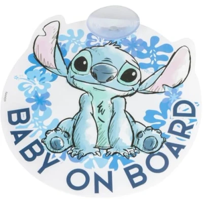 Imagen de Tataway Stitch Baby On Board, Cartel de Advertencia Bebé a Bordo del Coche 17x17cm, Señal con ventosa para Niños y Niñas Stitch, Color Azul