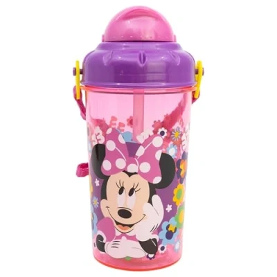 Imagen de Botella infantil de plástico con pajita, tapa correa 465 ml Minnie