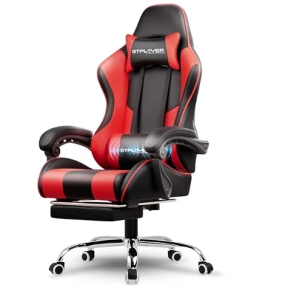 Imagen de GTPLAYER Silla Gaming con Masajeador Ergonómica Gamer Reposapiés Reposacabeza, de Oficina Ergonómica, Soporte Lumbar, Juego Ajustable en Altura, Rojo