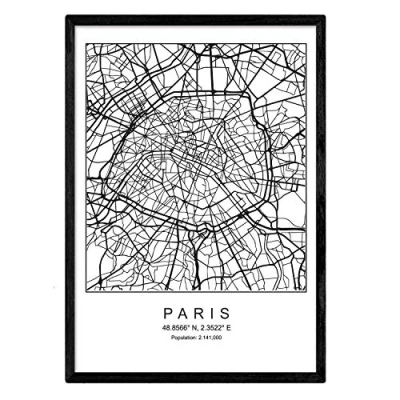 Imagen de Nacnic Lámina Mapa de la Ciudad Paris Estilo nordico en Blanco y Negro. Poster tamaño A3 Enmarcado con Marco Negro Impreso Papel 250 gr. Cuadros, láminas Posters para Salon Dormitorio