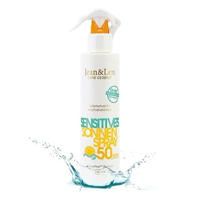 Imagen de Jean &amp; Len Sensitive Sun Spray 50 SPF resistente al agua, apto para pieles sensibles, sin siliconas, octocrileno, fragancias ni microplásticos, vegano, frasco pulverizador 250 ml