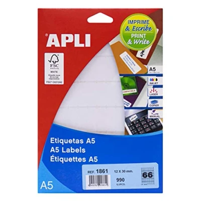 Imagen de APLI 1861 Etiquetas A5 blancas 12,0 x 30,0 mm 15 hojas