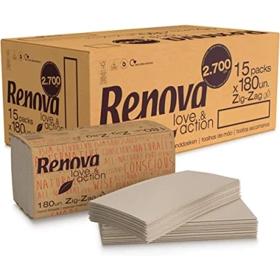 Imagen de Renova Toallas Secamanos Zig Zag Love&amp;Action 15 Paquetes de 180 unidades 2.700 Papel Kraft Ecológico 2 Capas Certificado FSC &amp; Ecolabel