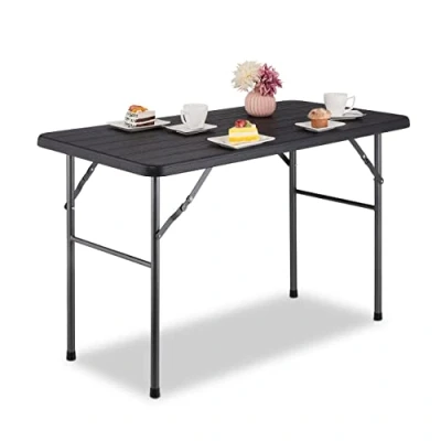 Imagen de Relaxdays Mesa Jardín, Efecto Madera, Rectangular, 74 x 118 60 cm, Plástico, Metal, Tablero Terraza Plegable, Negro