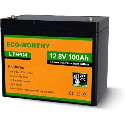 Imagen de ECO WORTHY batería de litio 12 V 100 AH, LiFePO4 recargable con BMS y protección baja temperatura, solar para autocaravanas, pesca línea, caravanas, sistema