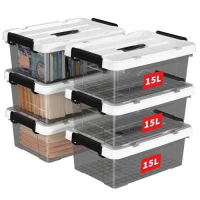 Imagen de Cetomo 15L*6 Caja de Almacenamiento con Asa, Plástico Tapa y Cierre Seguro, Contenedor Almacenamiento, Duradera, Apilable, Resistentes, Negro Transparente, Paquete 6 15L