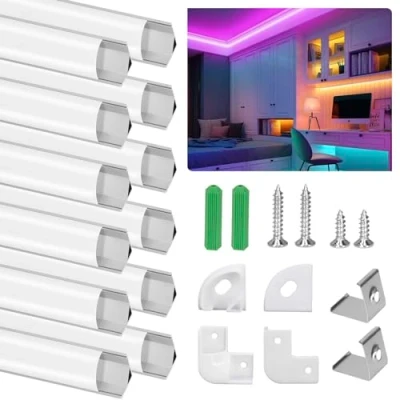 Imagen de SENXINGYAN Perfil de Aluminio, 12 Pack 1M/3,3ft V Forma, Cubierta Difusor Blanco Lechoso, los Casquillos Extremo y Clips Montaje del Metal, Canal Aluminio para Tiras LED, 12M, Plata