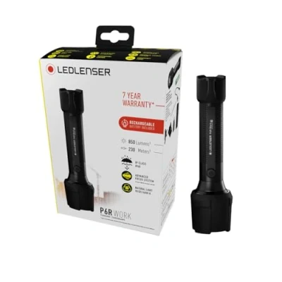 Imagen de Ledlenser Linterna de bolsillo LED P6R Work Robust, batería litio 18650 recargable, impermeable IP68, 850 lúmenes, CRI alto, haz luz 230m, cable carga magnético USB y estación