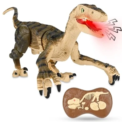 Imagen de Gerbala Juguete Dinosaurio Teledirigido, Juguetes de Dinosaurios, Velociraptor electrónico Educativo con luz LED y,Rugido, Caminando Realistas, Regalos cumpleaños y Navidad para niños. (marrón)
