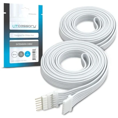 Imagen de Litcessory Cable de Extensión para Philips Hue Lightstrip Plus (1m, 2 Unidades, Blanco MICRO 6 PINES V4)