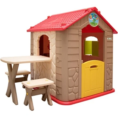 Imagen de LittleTom Casa de Juegos para niños y niñas Incl 1 Mesa 2 taburetes Casita plástico Interiores Exteriores Verde Beige