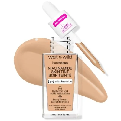 Imagen de Wet n Wild Bare Focus Niacinamide Skin Tint, Base de Maquillaje Cobertura Modulable, Fórmula Ligera Enriquecida con Ácido Hialurónico y Vitamina E para un Look Radiante, Cream Beige