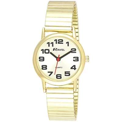 Imagen de Ravel Reloj de Pulsera Unisex Acero Inoxidable con Números Grandes y Manecillas Audaces Cuarzo Analógico R0208.05.1S Color Dorado/Esfera Oro