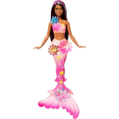 Imagen de Barbie Muñecas de sirena con la característica flores florecientes mágicas, colas efecto degradado, accesorio diadema perlas y cabello largo castaño mechas moradas, JDM73