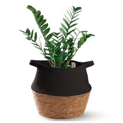 Imagen de Maceta de Mimbre Algas Marinas Sostenibles &amp; Algodón Macetero Mediano para Plantas como Cesto Decorativo Interior Almacenamiento Negro