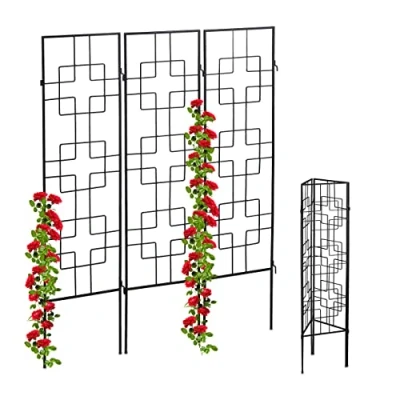 Imagen de Relaxdays Soportes Plantas Metálicos, Set de 3, con Estacas, Enrejado para Trepadoras, 122 x 30,5 cm, Jardín, Negro