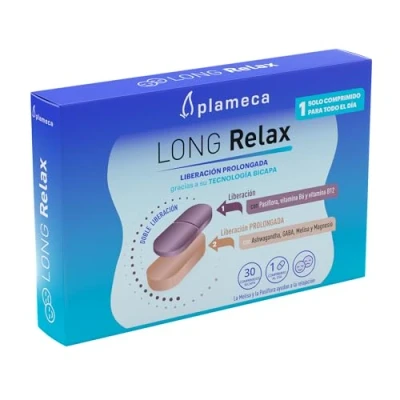 Imagen de Plameca Long Relax Fórmula Natural con Ashwagandha, Melisa, Pasiflora, Gaba, Magnesio, Vitamina B6 y B12 Tranquilidad 1 Solo Comprimido para Todo el Día 30 Comprimidos