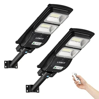 Imagen de LANGY2 Pack Solar Street Light 6000 Lumens, Control de Luz y Sensor Movimiento PIR, LED Seguridad Día Noche para Plaza, Patio, Jardín, Cancha Baloncesto