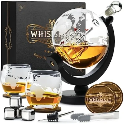 Imagen de WHISISKEY Decantador de Whisky Jarra 900ml Set Regalo Regalos Originales para Hombres 2 Vasos Whiskey x 285ML, 4 Piedras Whisky, Accesorios