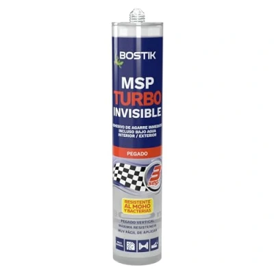 Imagen de BOSTIK MSP Turbo Invisible, Adhesivo de Agarre Inmediato, Ideal Pegados Verticales, Resistente al Moho y a las Bacterias, Pega sobre Superficies Húmedas bajo Agua, Alta Resistencia, Cartucho 290 ml