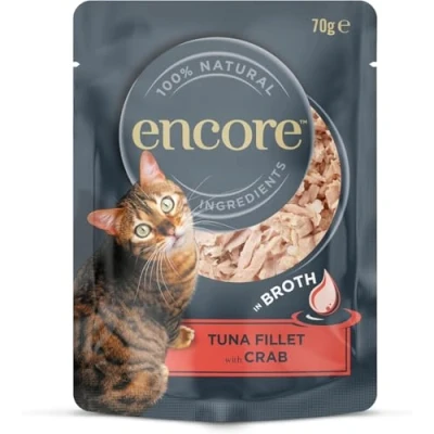 Imagen de Encore Comida Húmeda para Gatos 100% Natural, Delicioso Atún con Cangrejo del Pacífico en Caldo Paquete de 16 Bolsitas 70 g