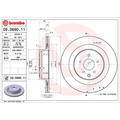 Imagen de BREMBO 09.D690.11 Disco de freno 350 20 5 ventilación interna revestido INFINITI: G Coupé, NISSAN: 370Z Coupé