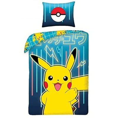 Imagen de Halantex Juego de Ropa Cama con diseño Pokemon Picachu, Color Amarillo y Azul, 2 Piezas 140 x 200 cm + 1 Funda Almohada. 100% algodón Oeko Tex