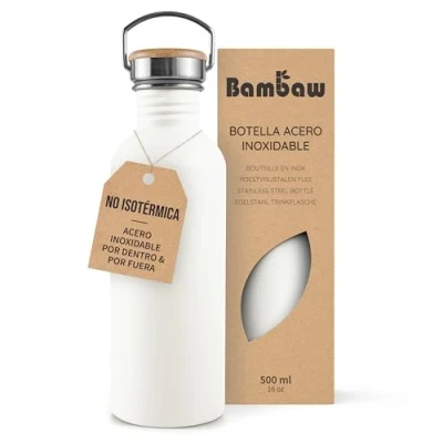 Imagen de Bambaw Botella agua acero inoxidable 500ml No Térmica, de blanca, niños sin BPA, gimnasio, bicicleta Blanco polar