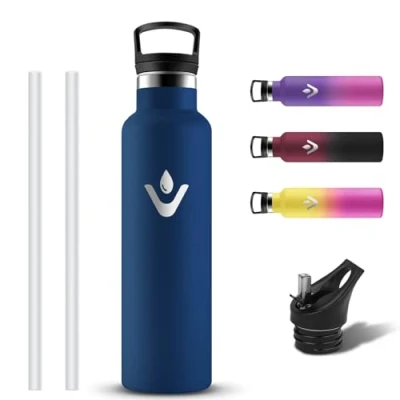 Imagen de Grsta Botella Agua Acero Inoxidable, Termica 750ml a Prueba de Fugas, Cantimplora sin BPA, Reutilizable Termo con 2 Tapones Pajita y Filtro para Oficina, Bicicleta, Colegio