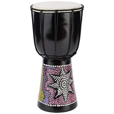 Imagen de a Star Tambor Africano Djembe Pintado Colorido de 6 Pulgadas Auténtico Hecho Mano, Cuerda Afinada, Cabeza Piel Natural 30 cm Altura, 15 Diámetro
