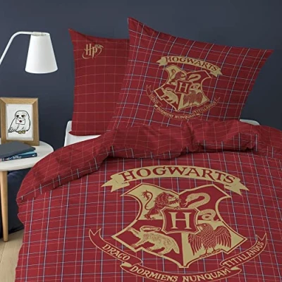 Imagen de Harry Potter Tartan Juego de cama infantil para 1 persona, 100% franela algodón, Oeko TEX funda nórdica 140 x 200 cm + almohada 63 cm, estampado reversible, color rojo
