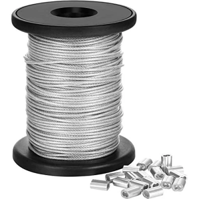 Imagen de alambre para colgar marcos de fotos con revestimiento vinilo, carrete acero inoxidable 20 fundas bucle crimpado aluminio, soporta hasta 110 libras (1.5 mm x 98 pies)
