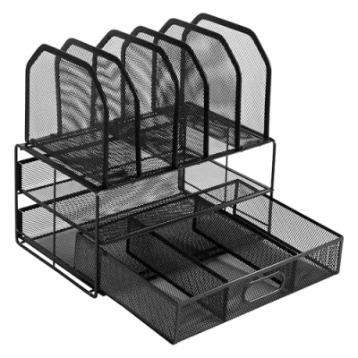 Imagen de Amazon Basics Organizador de escritorio malla con cajón deslizante, doble bandeja y 5 secciones verticales, color negro