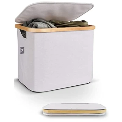 Imagen de HENNEZ Caja Almacenaje con Tapa Cestas 40L Cesto Ropa Sucia Cajas Decorativas para Estantería Kallax de Almacenamiento Tela Bambú Organizadoras Beige