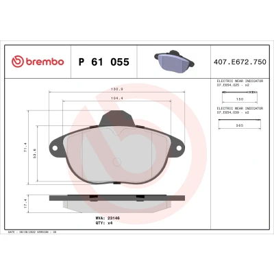 Imagen de BREMBO P 61 055 Juego de pastillas freno con contacto avisador desgaste sin accesorios CITROËN: Xantia Familiar, Hatchback