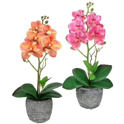 Imagen de Flair Flower Planta Artificial de orquídea 35 cm con Hojas en Maceta, Artificial, Phalaenopsis, Maceta decoración para Boda, Flores Seda, Color Naranja y Rosa