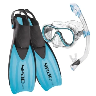 Imagen de SEAC Set Sprint Dry Conjunto de Snorkeling con máscara Buceo, esnórquel y Aletas talón Abierto, para niños, Adultos Unisex, Azul, 36/38